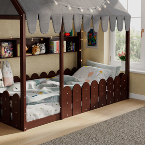 Cama Montessori de tamaño completo <span class=keywords><strong>para</strong></span> niños, cama de piso con barandillas, tienda de campaña, luces y 3 estantes de almacenamiento, color espresso - Product Image 3