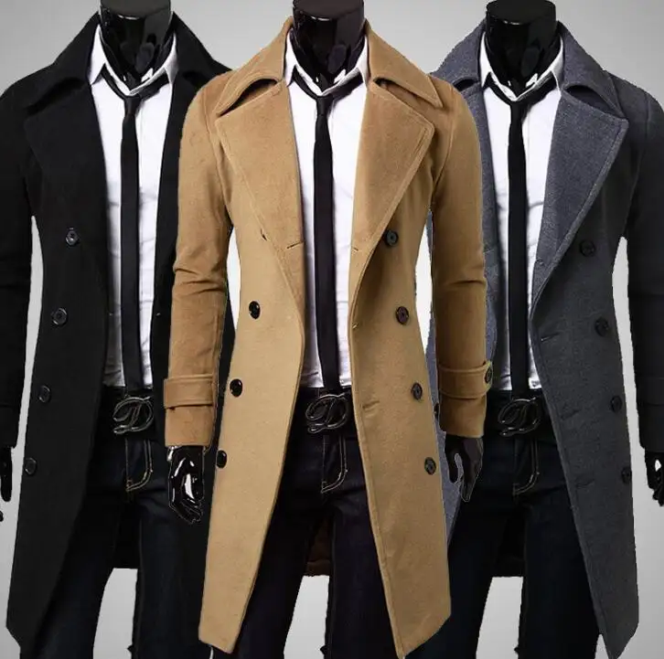 Casaco de trincheira masculina, atacado, jaquetas e casacos longos, sobretudo, casaco transpassado duplo, casaco de inverno