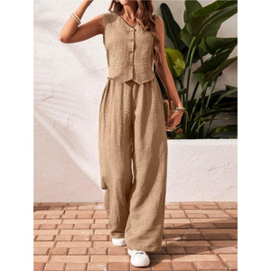 Women's Green <b>Linen</b> Jumpsuit Sleeveless V-Neck Button Front Wide Leg Casual Summer <b>Set</b> For Europe America Southeast Asia - Product Image 3
