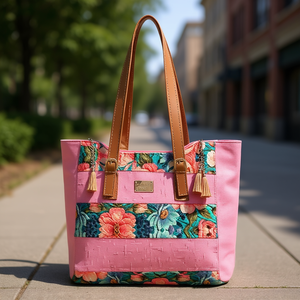 Bolso Tote para Mujer Fana Elio, Color Rosa, Yute, Bordado Floral, Borlas, Cierre de Cremallera Abierta, Forro de Algodón, Estilo Bohemio, Uso Diario - Product Image 2