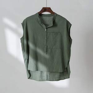 <span class=keywords><strong>2023</strong></span> été coton chanvre femmes nouveau littéraire ample col montant haut en lin femmes à manches courtes t-shirts T-shirt - Product Image 3