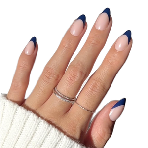 Riviera française |   Faux <span class=keywords><strong>ongles</strong></span> courts en amande <span class=keywords><strong>bleu</strong></span> <span class=keywords><strong>marine</strong></span> semi-transparents à pointe française, finition brillante, qualité salon - Product Image 1