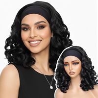 Perruque synthétique sans colle avec bandeau, 14 pouces, ondulations lâches, noir de jais, densité 180%, fibres résistantes à la chaleur et volumineuses, pour femmes noires, en stock