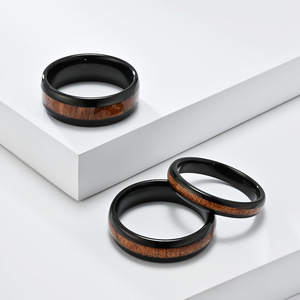 แหวนเหล็กทังสเตนฝังไม้ ดีไซน์เรขาคณิต แหวนแต่งงาน สำหรับทั้งชายและหญิง เครื่องประดับชั้นดี - Product Image 3