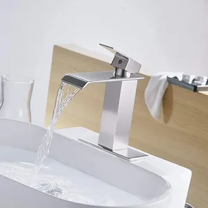 Aquacubic Single Handle Deck Mount Bathroom Faucet Brushed Nickel Waterfall Bath Sink Taps