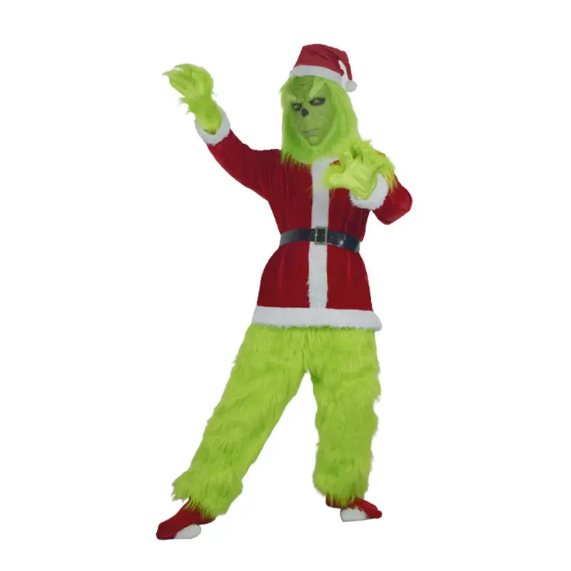 Setelan pesta Natal Playsuit berbulu hijau Monster Grinches aneh Santa Claus Set kostum Cosplay FCDR-004