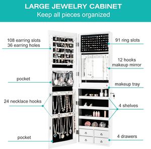 <span class=keywords><strong>Armoire</strong></span> à <span class=keywords><strong>bijoux</strong></span> murale/portable en bois moderne avec bande LED, miroir intégré, plateau cosmétique rabattable, 4 tiroirs, grand rangement - Product Image 3