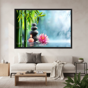 Elegant Zen Stones Canvas Print: Waterlily, Bamboo, Spa Decor,<b>BLACK</b> <b>FRAMED</b> CANVAS - Product Image 3
