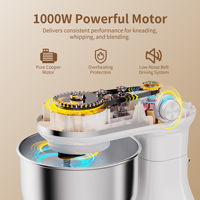 Robot pâtissier silencieux 5,5L+4L à double bol, 1000W, 8 vitesses, avec tête inclinable, mélangeur planétaire, crochet pétrisseur, fouet et batteur, compatible lave-vaisselle