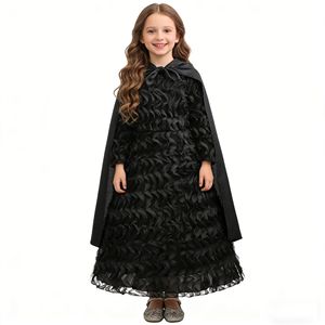 Costume de sorcière noire pour filles HP, robe texturée à volants avec cape en satin, tenue de cosplay pour fête d'Halloween - Product Image 2