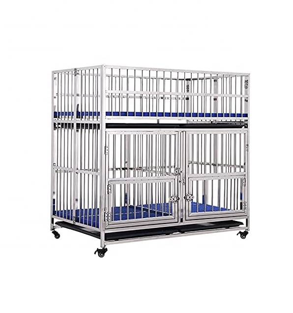 Double-Deck Heavy Duty Stainless Steel Dog Cage Kennel Crate With Divider 4 Lockable Wheels Double Doors and Removable Tray