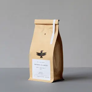 Label pribadi kertas kraft cetak Khusus individual kantong biji kopi dasi timah bawah datar kertas kraft