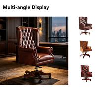 Fauteuil de direction en cuir pleine fleur de style américain, accoudoirs, structure en bois, poignées classiques, finition vieillie, réglable en hauteur