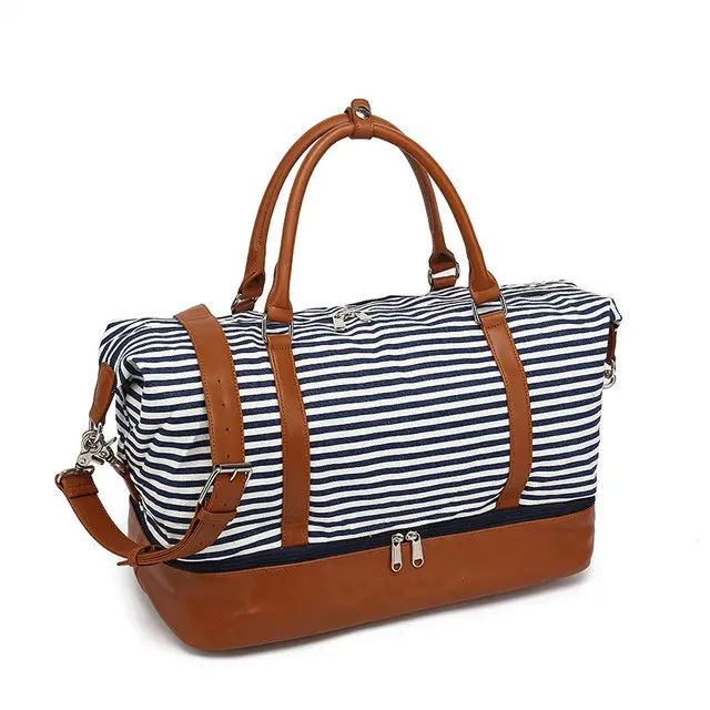 Overs ize Canvas Leder Reisetasche Frauen Weekender Overnight Bag Stripe Travel Carry On Handtasche mit unterem Schuh fach