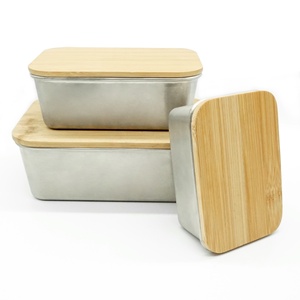 Eco Friendly Kitchen Bamboo Fiber Metal Stainless Steel Bento Lunch Box With Wooden Bamboo Lid