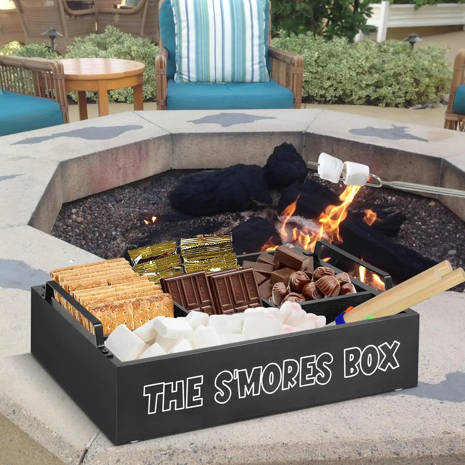 Bamboo smores stick set caddy for fire pit and smores roasting station bar holder wooden box