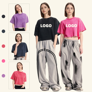 T-shirts courts pour femmes, délavés à l'acide, à manches courtes, amples en coton, col rond vintage, basiques et décontractés - Product Image 2