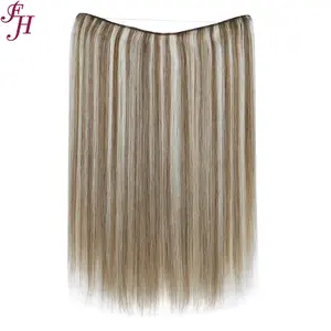 FH Invisible Real Human Hair Secret Fish Line Wire Russian Clip in Hair Extensions With 4 Clips