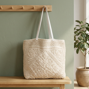 Bolso Tote Tejido Estilo Bohemio, Material de Algodón Simple, Cierre de Cremallera, Unisex, 20 Pulgadas, Playa, Dos Asas, Carcasa Suave - Product Image 3