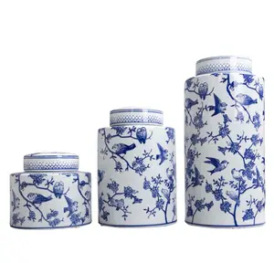 现代风格装饰陶瓷罐带盖中国现代花鸟蓝白圆柱陶瓷罐套装