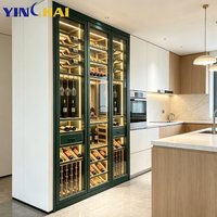 Armoire à vin à température constante en acier inoxydable vert foncé sur mesure avec éclairage LED, porte-bouteilles en bois massif pour la maison, la villa, l'hôtel, le bar