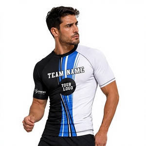 Camiseta de Compresión SINEWY para Hombre, Manga Corta, de Secado Rápido, para Lucha Libre, Elástica, Transpirable, en Negro, Blanco y Azul - Product Image 1
