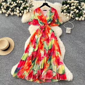 Vente en gros de robes décontractées pour femmes, amples, imprimées, grandes tailles, à col en V, sans manches, avec lacets - Product Image 5