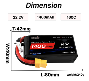 High Rate 160C 22.2V <strong>6S</strong> 1400mAh Liquid <strong>Battery</strong> LP22.2V1.4Ah160C For Drone With 1000 Cycles - Product Image 5