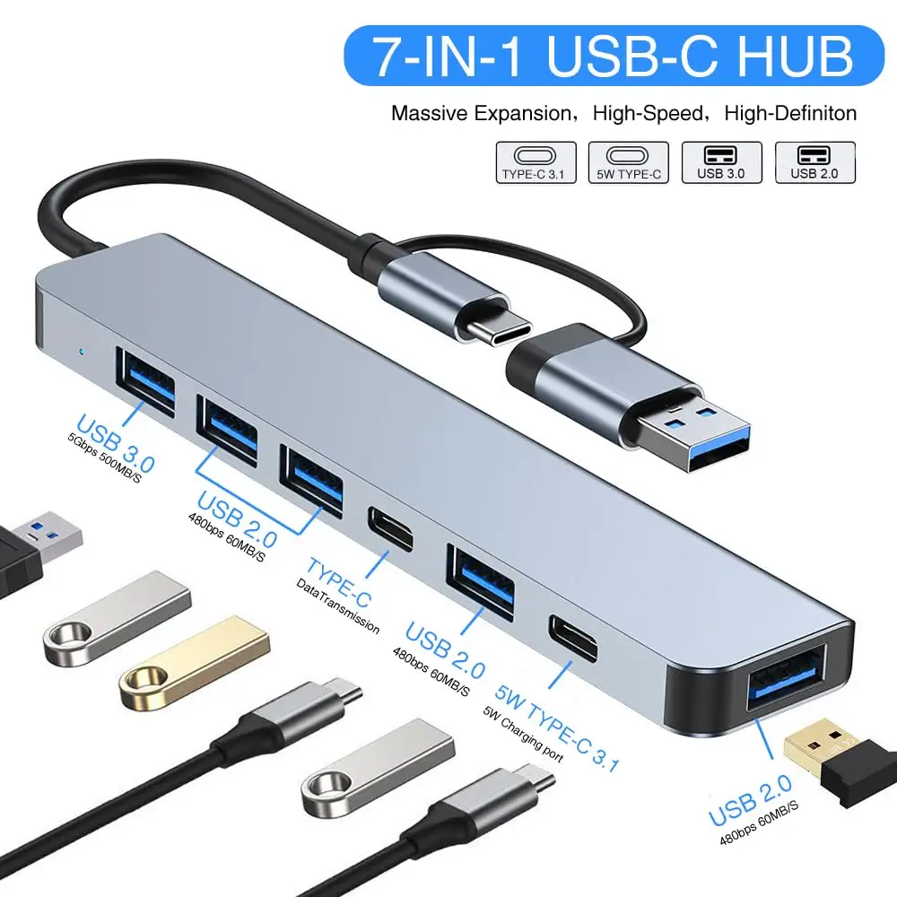 En stock 8 en 1 Usb C Hub Splitter USB 3,0 Hub adaptador estación de acoplamiento tipo C 3,0 Hub de datos para ordenador portátil