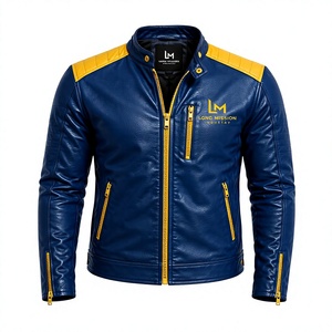 Chaqueta de Motociclista para Hombre Long Mission, de Cuero Azul, con Cuello Mao, Cierre de Cremallera, Logotipo Bordado en la Parte Delantera, Resistente al Viento - Product Image 1