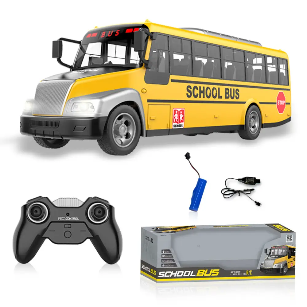 Remote Control Bus Toy 2.4Ghz 4 Channels Full Function RC School Bus Model Toy with Realistic Lights and Rubber Tire Bus Toy