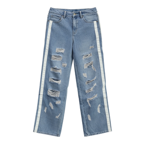 <b>Mens</b> Slim Fit Light Blue Wash Distressed <b>Ripped</b> <b>Jeans</b> With Side Stripes Streetwear Casual Denim <b>Jeans</b> - Product Image 3