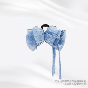 Pince à cheveux en mousseline bleu brume avec nœud papillon et pompons, élégante pour femme, usage quotidien - Product Image 2