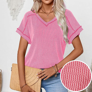 เสื้อคอวีแขนสั้นผ้ายืดทูโทนแฟชั่นสำหรับผู้หญิง ฤดูใบไม้ผลิ/ฤดูร้อน ปี 2026 - Product Image 1