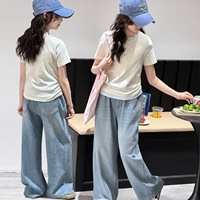 Ensemble de vêtements d'été pour enfants 2026 – T-shirt beige à manches courtes pour adolescentes + Jean scintillant – Tenue décontractée 2 pièces