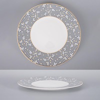 Service de Table en Porcelaine Fine à Bord Doré Mosaïque, 16 Pièces, Assiettes, Bols et Tasses Bleu Gris Rose, pour 4 Personnes