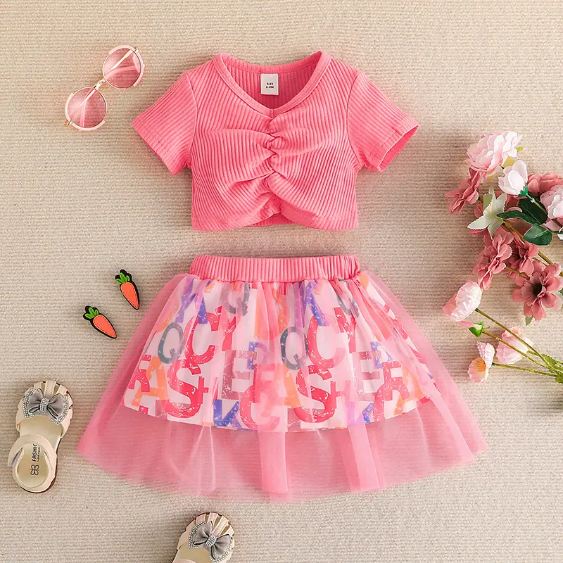 RTS 2023 summer newborn infant girls clothing sets fancy top skirt two piece boutique toddler kids casual dresses suits