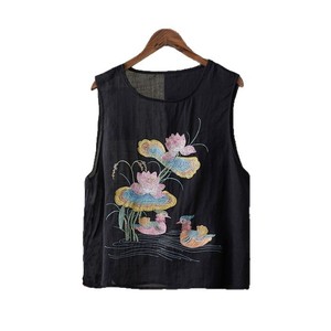 Black Embroidered Cotton Linen Sleeveless Camisole Top For Women Summer Chinoiserie Style Loose Fit Everyday Wear - Product Image 5
