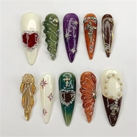 Lot de 10 faux ongles amovibles en ABS, motif floral 3D, style français, faits à la main, longs, forme Stiletto, à presser