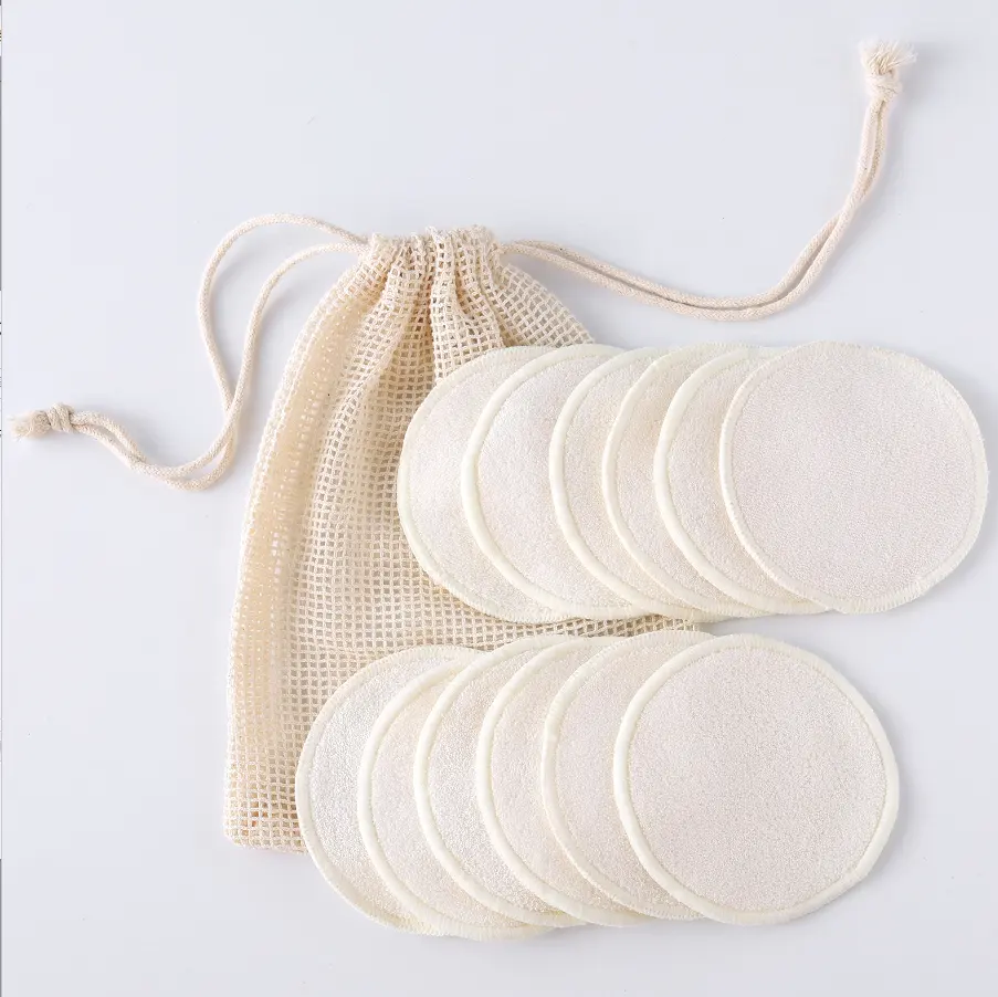 Customized Logo Shape Facial Organic Cotton Cleansing Rounds Cosmetic Bamboo Reusable Makeup Remover Pads with Washable Mesh Bag