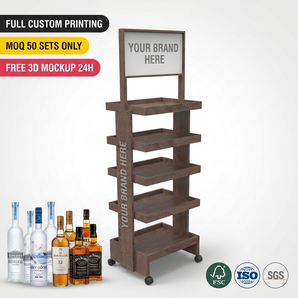 Wholesale Custom Wooden Liquor Display Stand Whiskey Vodka Tequila Gin Soju Bottle Display Rack Retail Bar Shelf with Brand Head — view 1