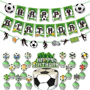<span class=keywords><strong>Ensemble</strong></span> de bannière et de décorations de gâteau sur le thème du football avec guirlande suspendue et pics pour cupcakes pour les fournitures de fête de football pour garçons - Product Image 1