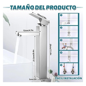 Robinet de salle de bain à levier unique pour lavabo carré, en acier inoxydable 304, avec tuyau d'alimentation en eau inclus - Product Image 2