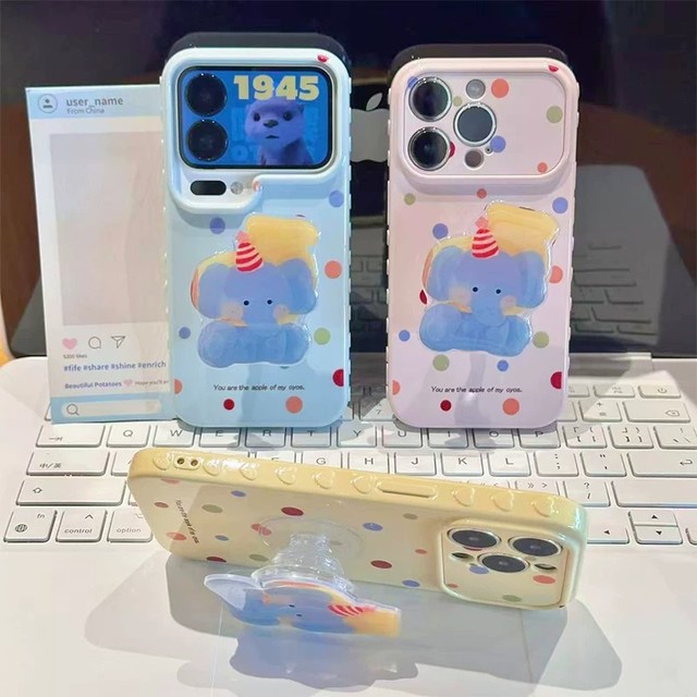 For 17 Pro Max New Cartoon Premium TPU Shockproof Phone Case Colorful Polka Dot Little Elephant Stand for 16 Soft Case 14