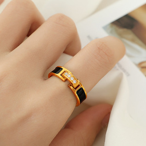 Gold Plated <b>Titanium</b> Steel <b>Ring</b> With Black Inlay And Diamond Accents Geometric Design Unisex Fashion Jewelry Gift - Product Image 3