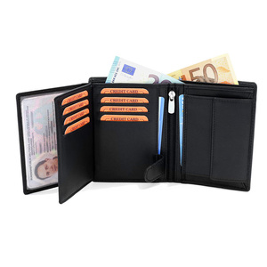 100% véritable <span class=keywords><strong>portefeuille</strong></span> à deux volets en cuir noir pour hommes avec poche à monnaie longue RFID bloquant la fermeture ouverte Type Porte Monnaie pour hommes - Product Image 1