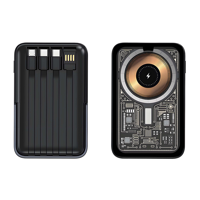 Transparent Design Aluminum Alloy 22.5W Fast Charging Magnetic Wireless Ultra Slim 2 1 Power Bank 10000mAh Four Cables Holder