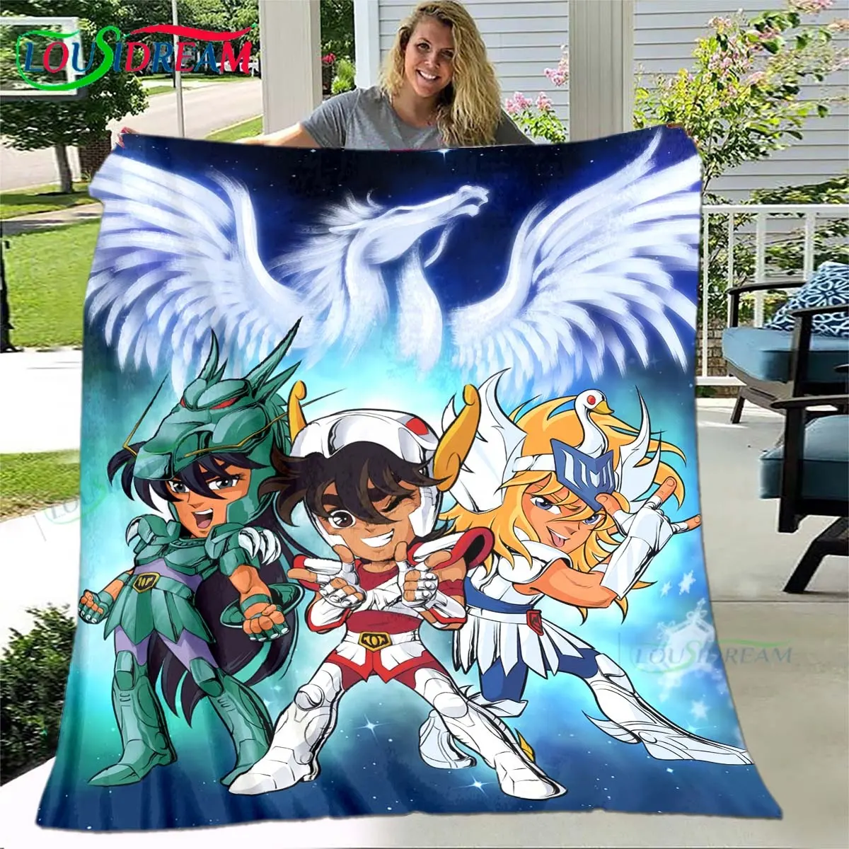 Anime Saint Seiya Print Blanket Cartoon Throw Blanket Soft Lightweight Flannel Blanket for Couch Kids Living Room Bedding