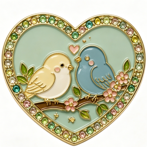 Heart-Shaped Gold-Plated Metal Enamel <b>Pin</b> With Love Birds And Flowers For Valentine'S Day - Product Image 2