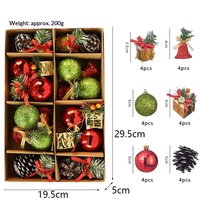 24 pièces de boules de Noël en plastique incassables de forme ronde assorties, boîte cadeau, boules scintillantes, ornements en forme de cône de pin pour l'arbre de Noël